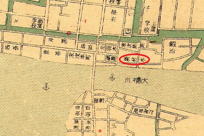 田村正太郎の住んでいた松江市新材木町の位置図