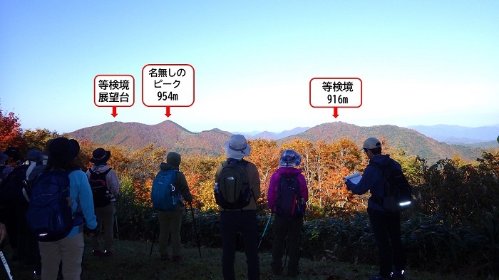 等検境ルートの稜線を全員で確認する画像