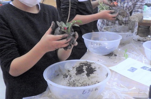 土をこねて丸く整える作業の様子