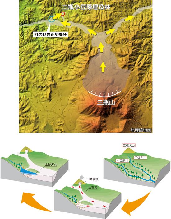 火山活動によって埋没林が形成される様子のイメージ