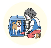 犬が入っているケージに食器を置いているイラスト