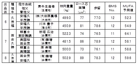 (有)藤増出品牛の枝肉成績の表