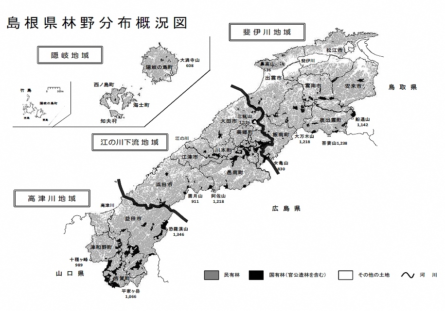 島根県林野分布図及び各地域森林計画区