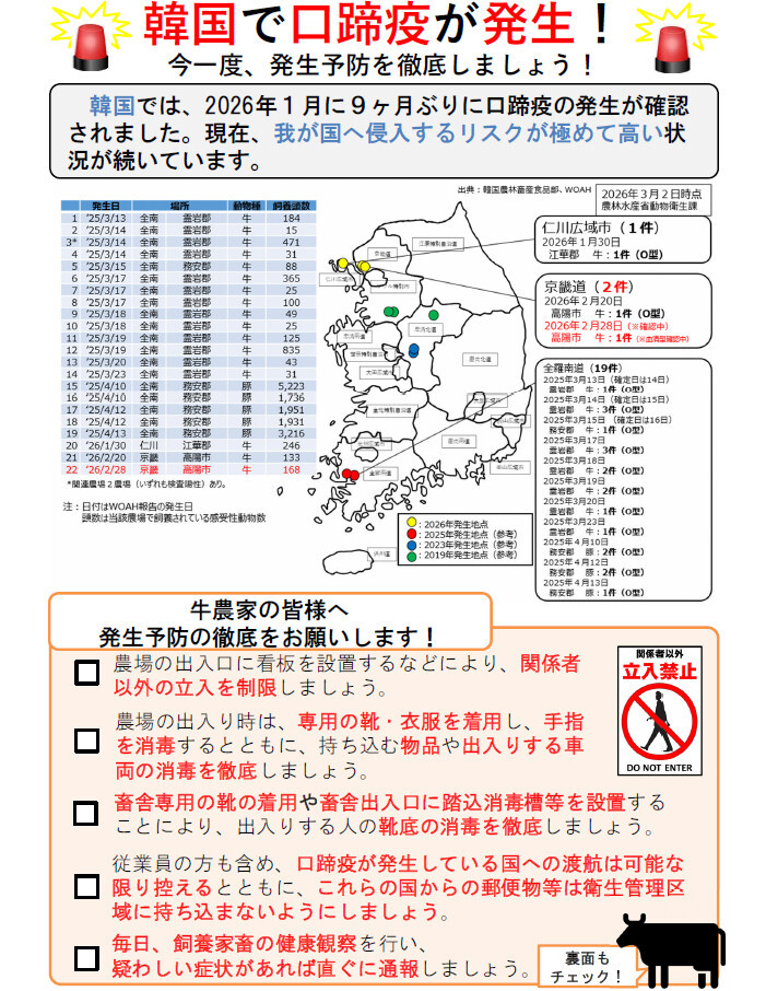 韓国での口蹄疫発生情報（牛用）１