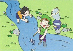 子どもがきれいになった小川で遊んでいます