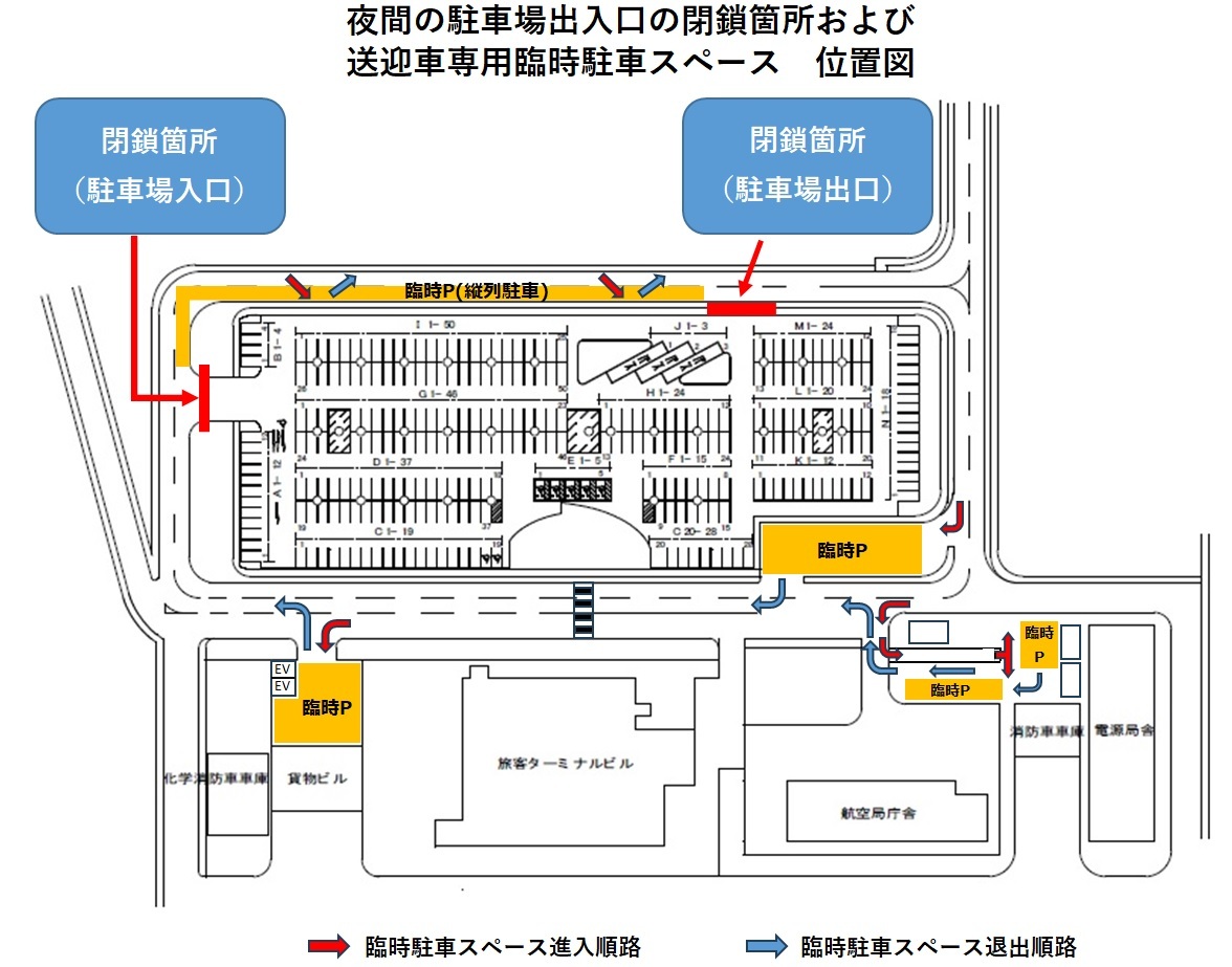 夜間の駐車場出入口の閉鎖箇所および送迎車専用臨時駐車スペースの位置図