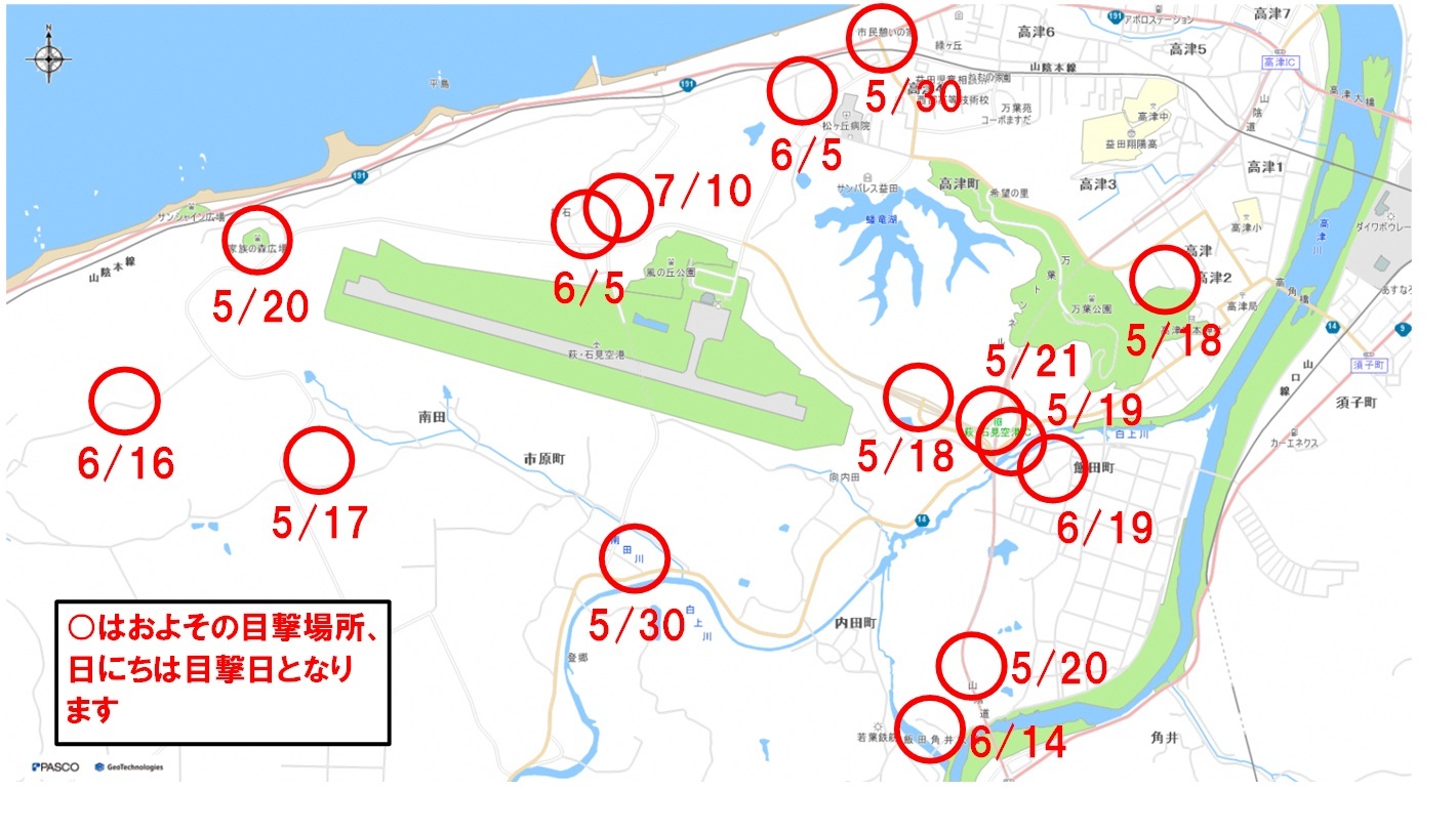 2026年6月25日現在の石見空港周辺でのクマ出没情報のマップ
