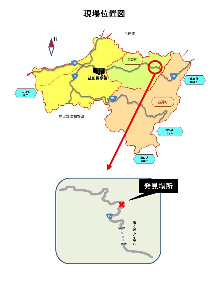 現場位置の図面です。島根県益田市美都町宇津川地内の国道１９１号沿いです。